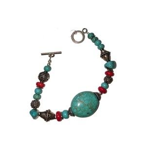Artisan Turquoise Coral Sterling Silver Bracelet 7 In Boho Ethnic Jewelry OOAK
